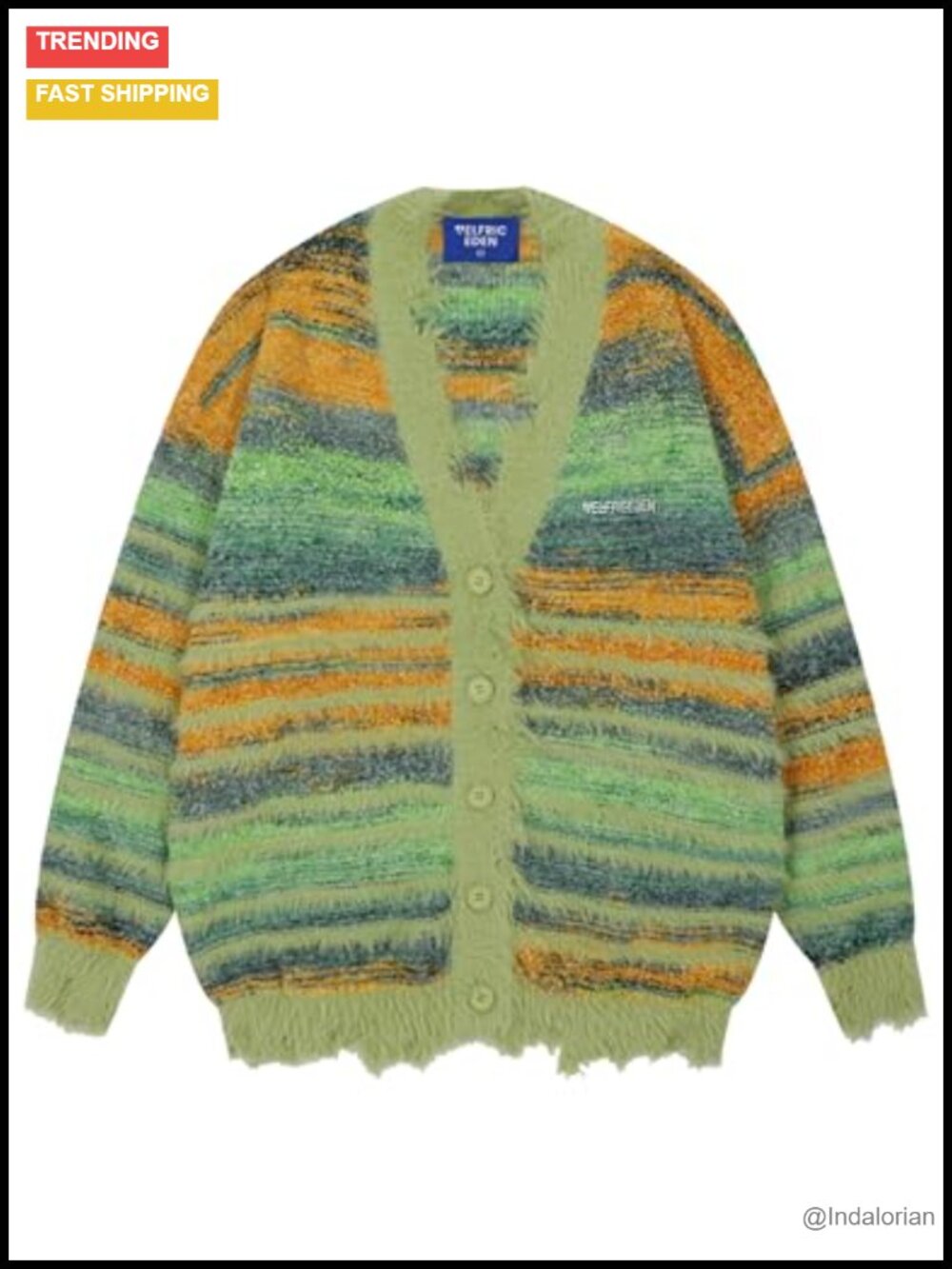Aelfric Eden Oversized Open Front Knit Cardigan Sweater Pinstripe Fringe Y2K